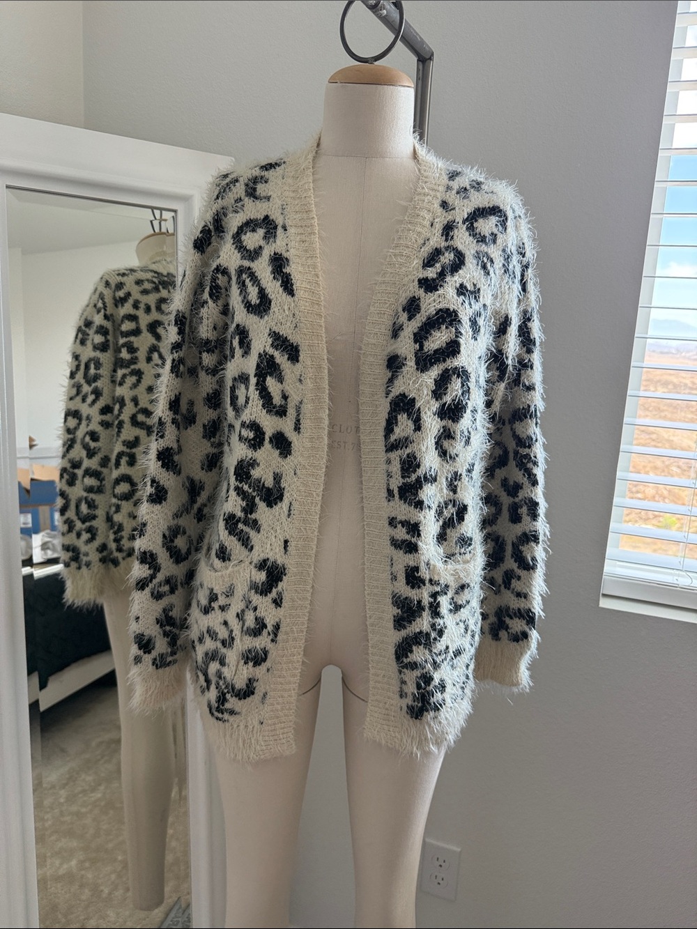 Fuzzy Ivory Leopard Print Open Cardigan Sweater